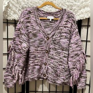 JESSICA SIMPSON Aamina Purple Knit Cardigan with Fringe, PLUS SIZE 2X